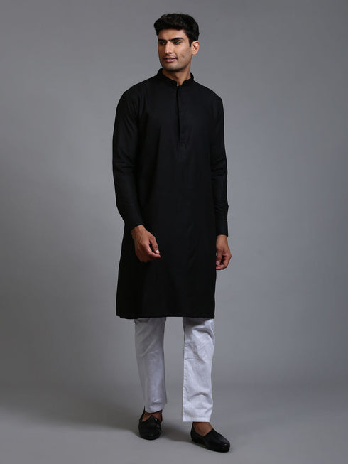 Vastramay Men's Black Cotton Blend Kurta Pyjama Set